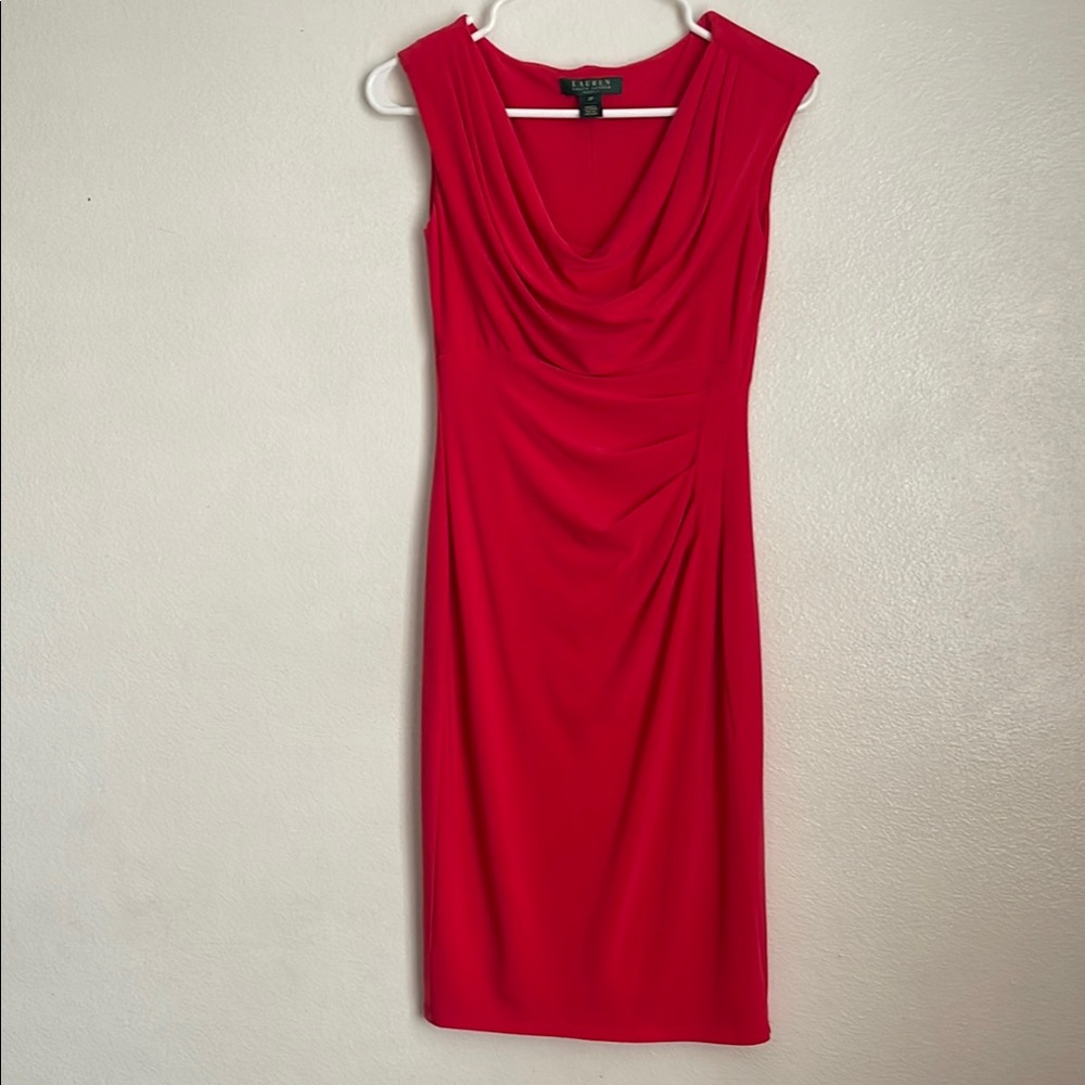 Ralph Lauren Red Sheath Midi Dress with Cowl Neck